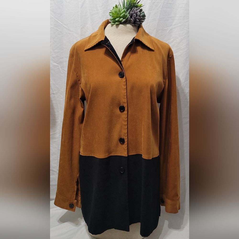 Vintage Courtenay Suede Like Polyester Black & Brown Button-Up Shirt Size 6